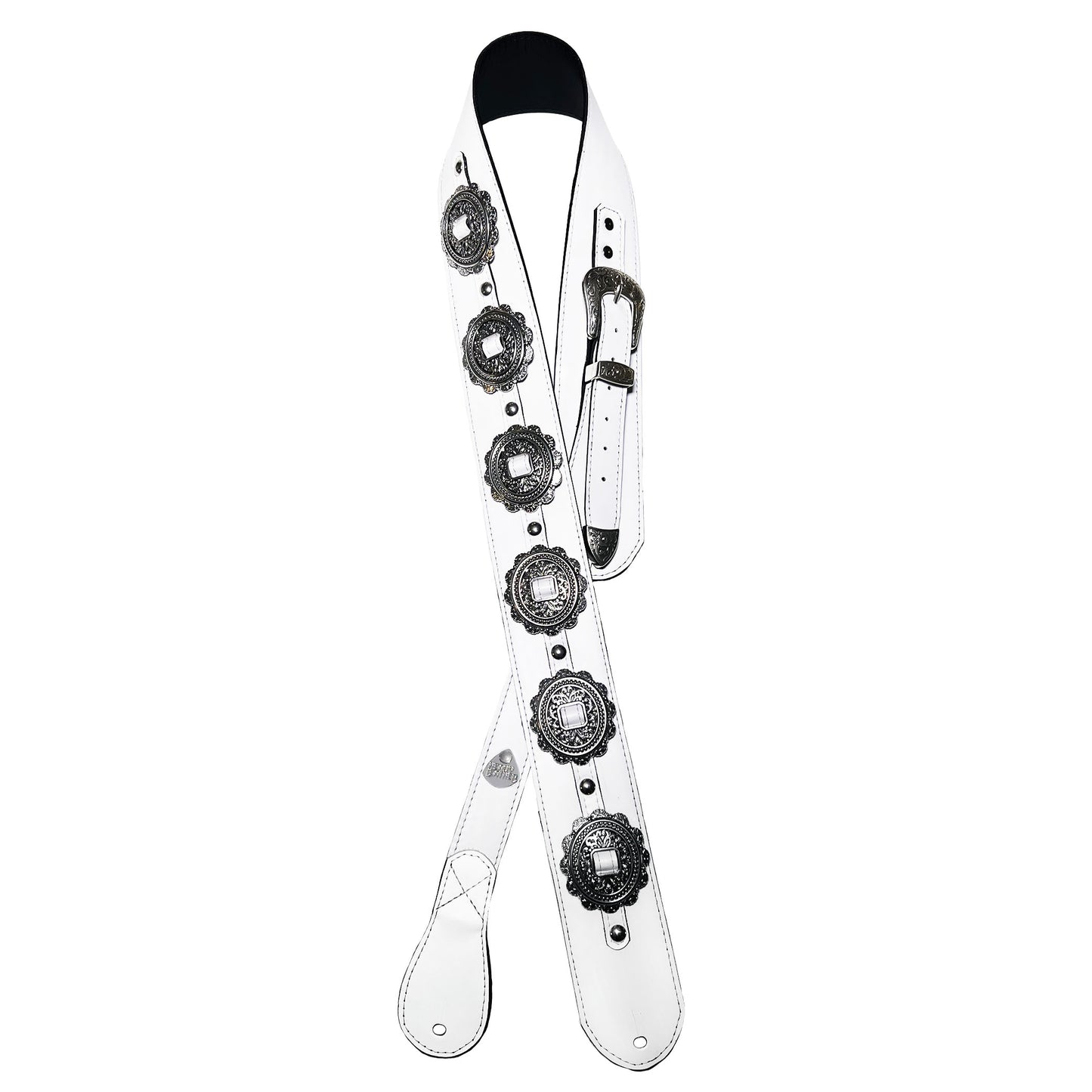 Custom celebrity leather guitar strap. Hand crafted in NYC and Los Angeles, U.S.A. Made for bass, acoustic, and electric guitars. Styling is heavy metal, death metal, black metal, rock n roll, western, country, glam, disco, punk, gothic, goth, rave, runway luxury fashion, biker, motorcycle leather. Vegan options available. Made with smooth white leather and silver western concho hardware.