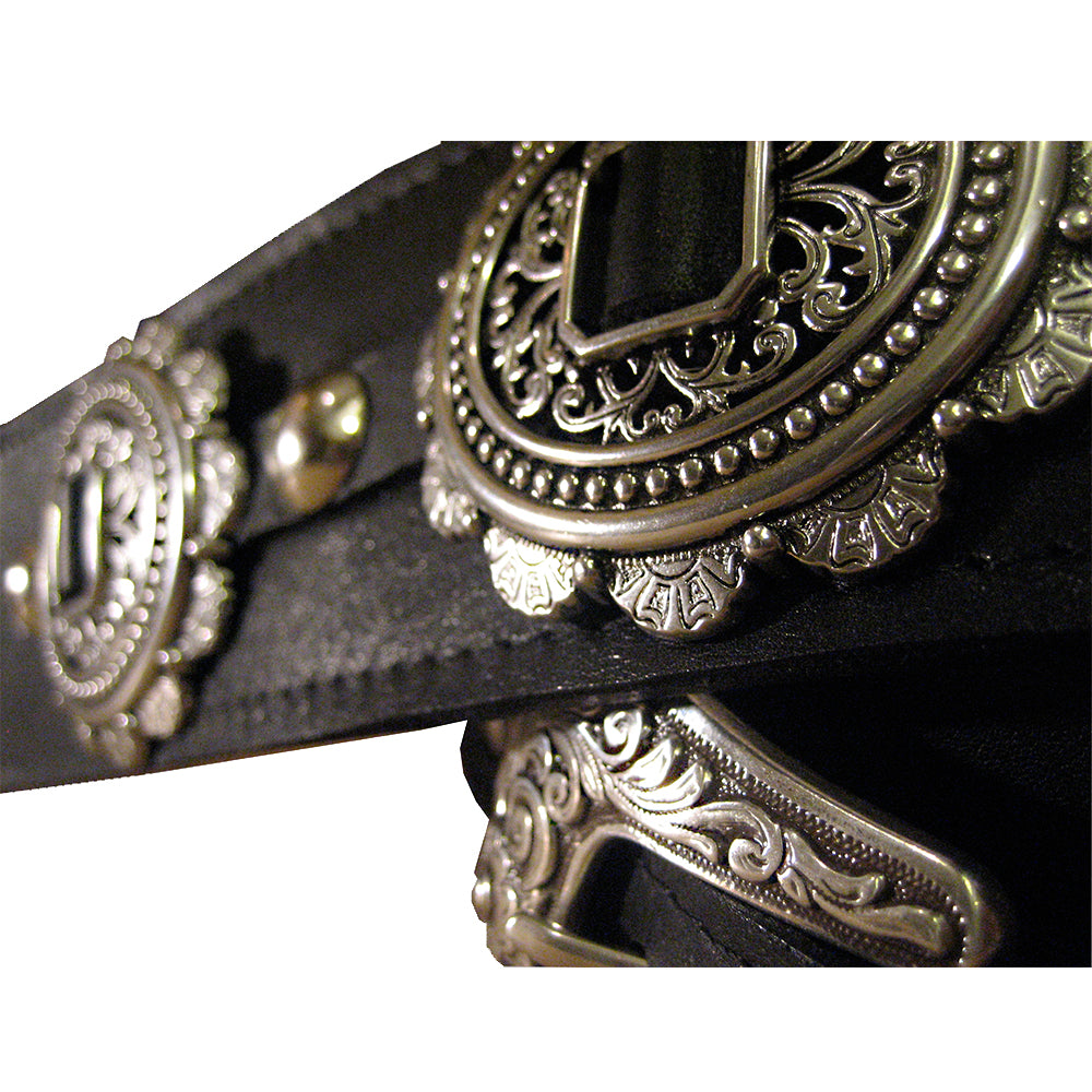 CUSTOM LEMMY KILMISTER MOTORHEAD BLACK BROWN STAMPED CONCHO VINTAGE STYLE 1970'S 1980'S 1990'S PUNK HEAVY METAL ROCK 'N' ROLL GLAM BASS RICKENBAKER GUITAR STRAP HEAVY LEATHER NYC MADE IN THE USA