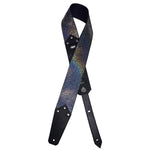 Custom celebrity leather guitar strap. Hand crafted in NYC and Los Angeles, U.S.A. Made for bass, acoustic, and electric guitars. Styling is heavy metal, death metal, black metal, rock n roll, glam, disco, punk, gothic, goth, rave, runway luxury fashion, biker, motorcycle leather. Vegan options available. Leather is our midnight sparkle rainbow cowhide.