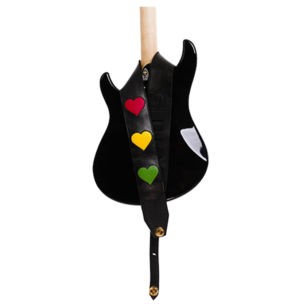 CARL HARVEY TOOTS AND THE MAYTALS CUSTOM HEAVY LEATHER JAMAICAN FLAG HEART ONE LOVE GUITAR STRAP MADE IN THE USA