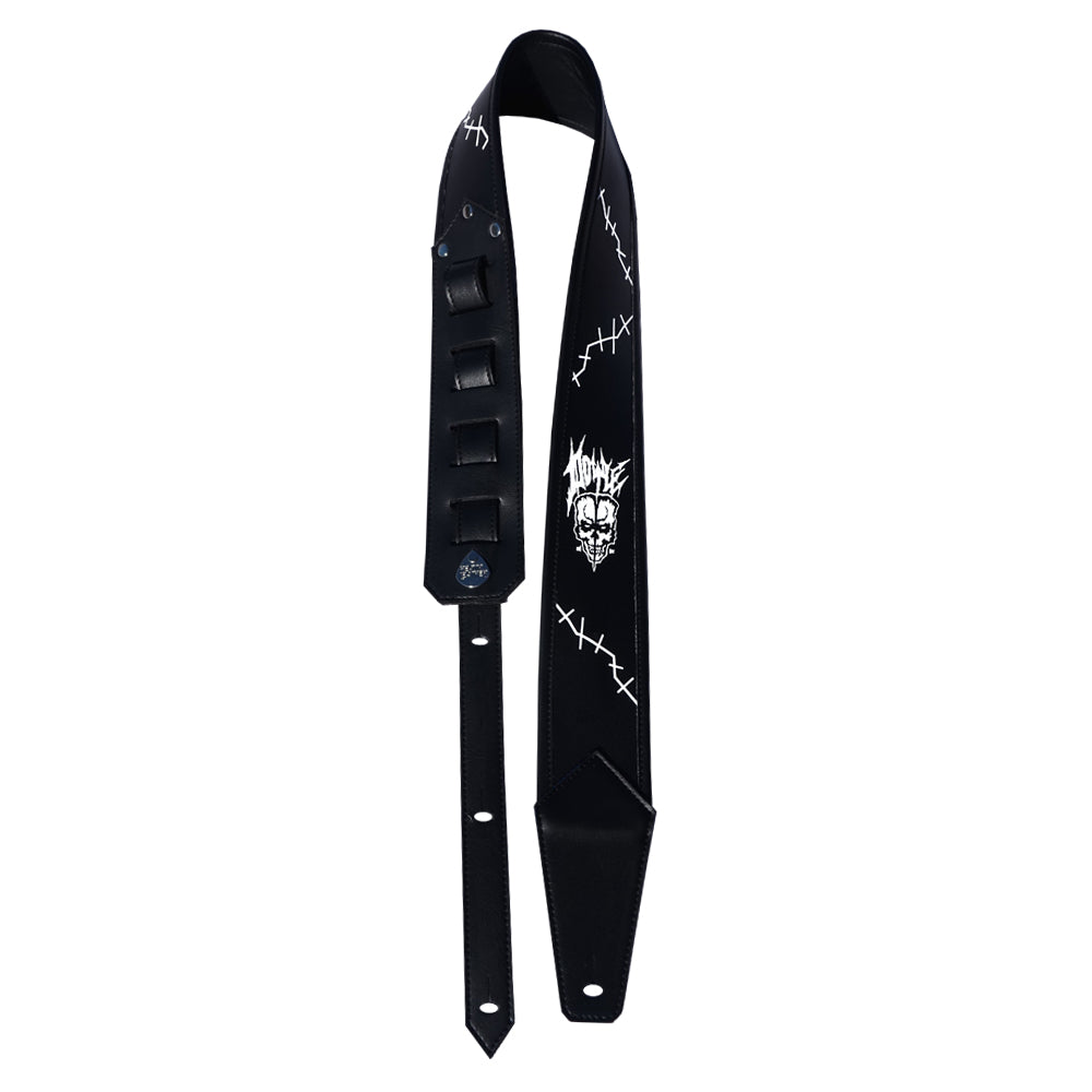 CUSTOM BLACK STITCHES VEGAN VINYL DOYLE WOLFGANG VON FRANKENSTEIN MISFITS VINTAGE STYLE 1970'S 1980'S PUNK HEAVY METAL ROCK 'N' ROLL SIGNATURE GUITAR STRAP HEAVY LEATHER NYC MADE IN THE USA 