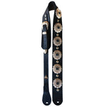 Custom celebrity leather guitar strap. Hand crafted in NYC and Los Angeles, U.S.A. Made for bass, acoustic, and electric guitars. Styling is heavy metal, death metal, black metal, rock n roll, western, country, glam, disco, punk, gothic, goth, rave, runway luxury fashion, biker, motorcycle leather. Vegan options available. Made with black cowhide leather and western 18k gold plated concho hardware.